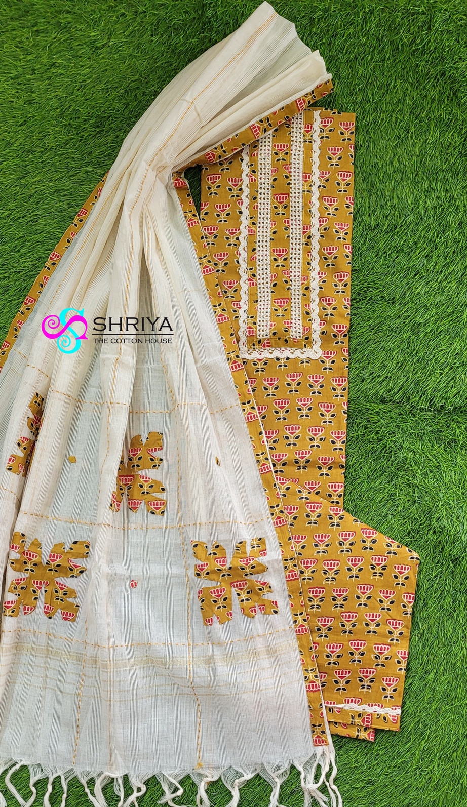 Ajrakh dyed soft cotton top paired with a patchworked soft cotton dupatta and cotton bottom