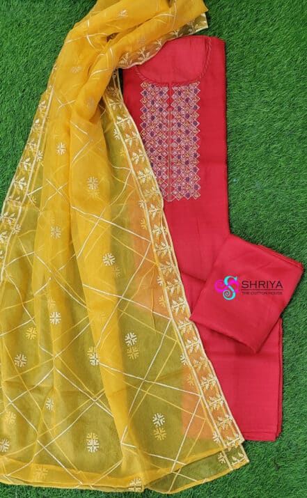 Very soft muslin silk top with a beautiful work on yoke paired with a embroidered organza dupatta and cotton silk bottom