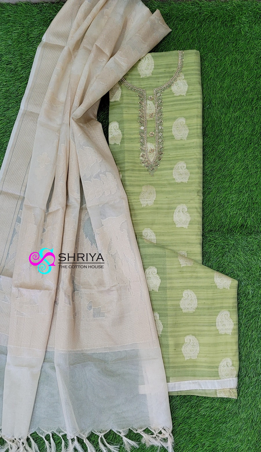 Soft linen tissue top paired with a benaras weaved chanderi cotton dupatta and contrast bottom