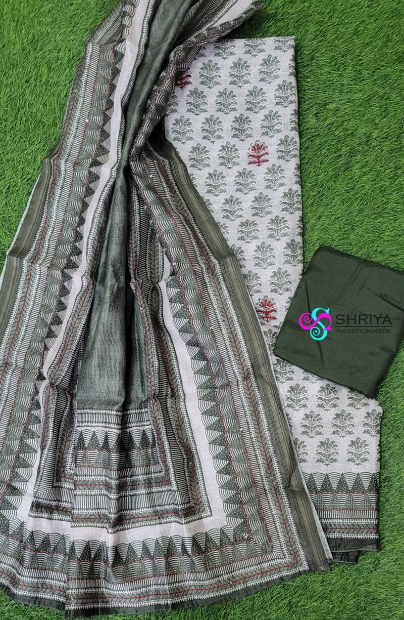 Premium quality maheshwari silk top paired with a kantha stitched maheshwari silk dupatta and cotton silk bottom