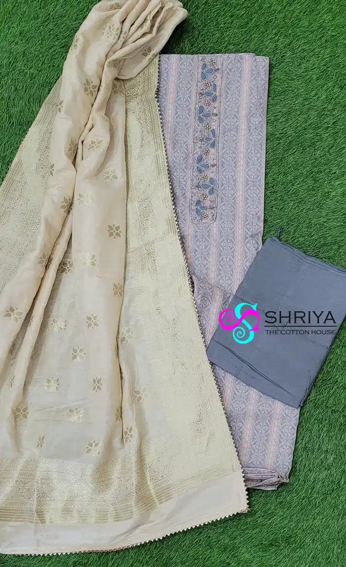 Digital printed chanderi silk top paired with a benaras weaved soft silk dupatta and cotton bottom