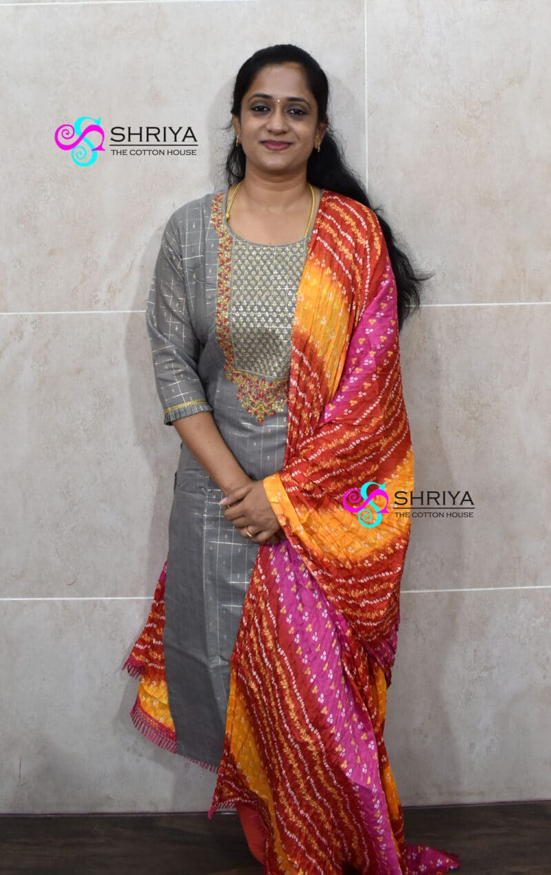 Chanderi cotton top with soft silk dupatta - (Stitched set - no bottom)