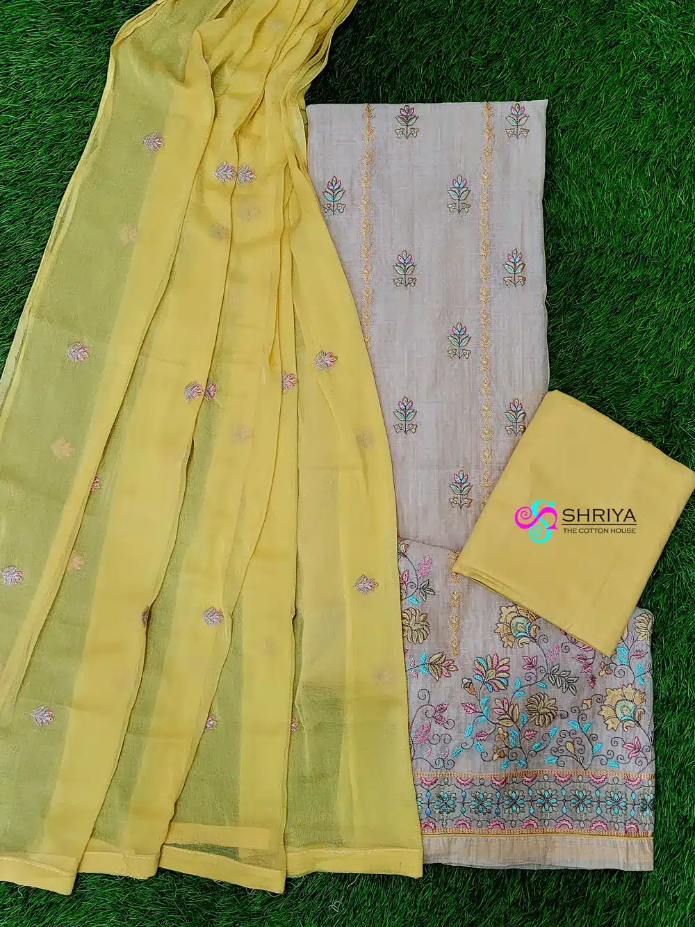 Soft chanderi silk top with allover embroidery paired with a embroidered soft chiffon dupatta and cotton bottom