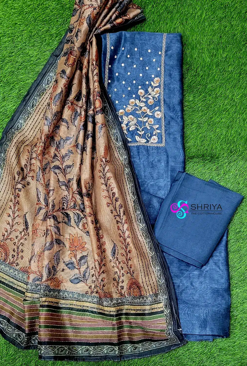 Maheshwari silk top with a handwork on yoke paired with a printed maheshwari silk dupatta and cotton silk bottom