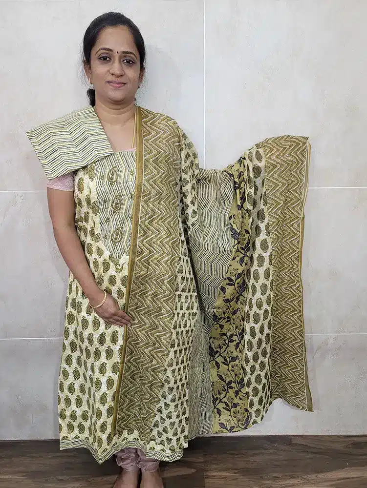 Printed Jaipur Cotton top paired with a printed soft cotton dupatta and printed cotton bottom