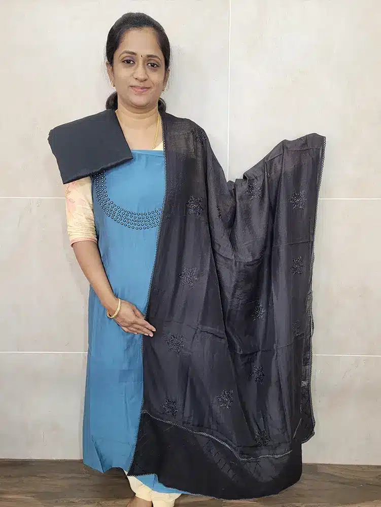 Soft silk top with beadwork on yoke paired with a embroidered soft silk dupatta and cotton silk bottom