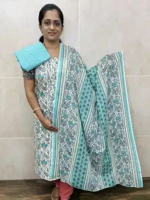 Printed Jaipur cotton top paired with a printed cotton dupatta and contrast cotton bottom