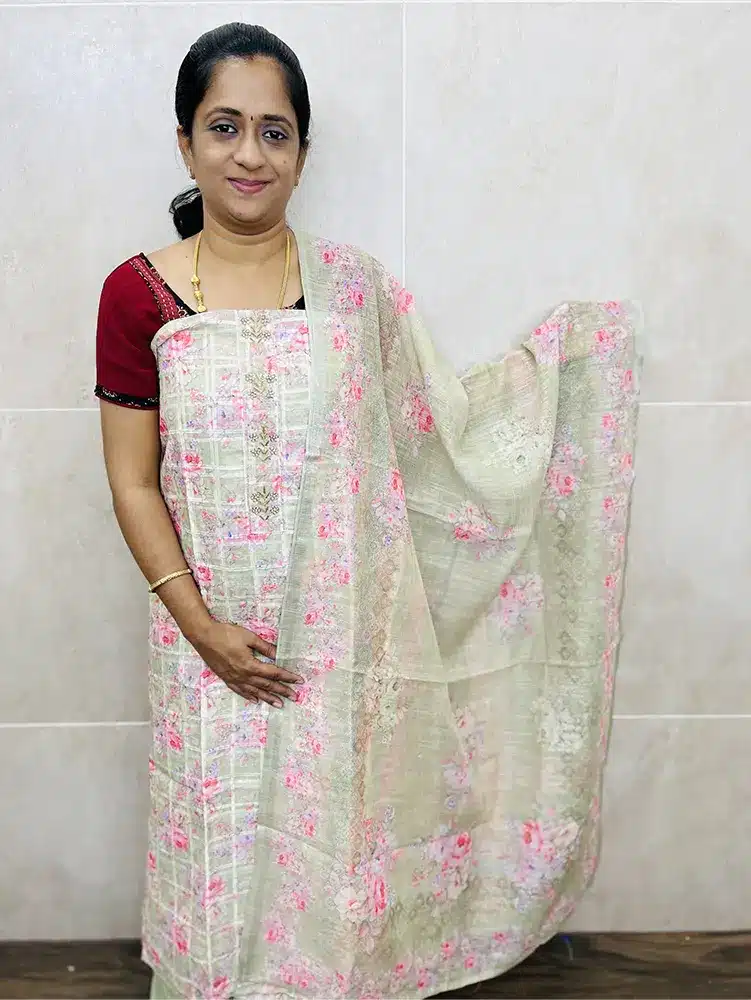 (Light Pista green) Printed premium linen cotton top paired with a printed linen cotton dupatta and cotton silk bottom