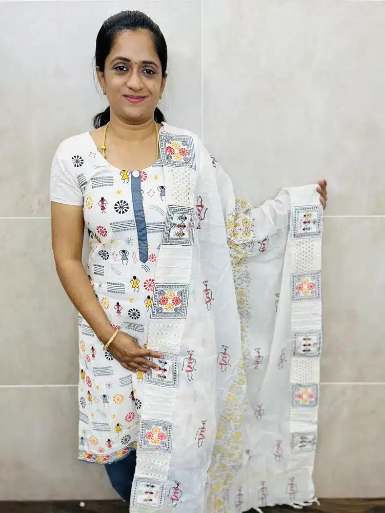 Embroidered cotton top paired with a embroidered cotton dupatta and cotton bottom