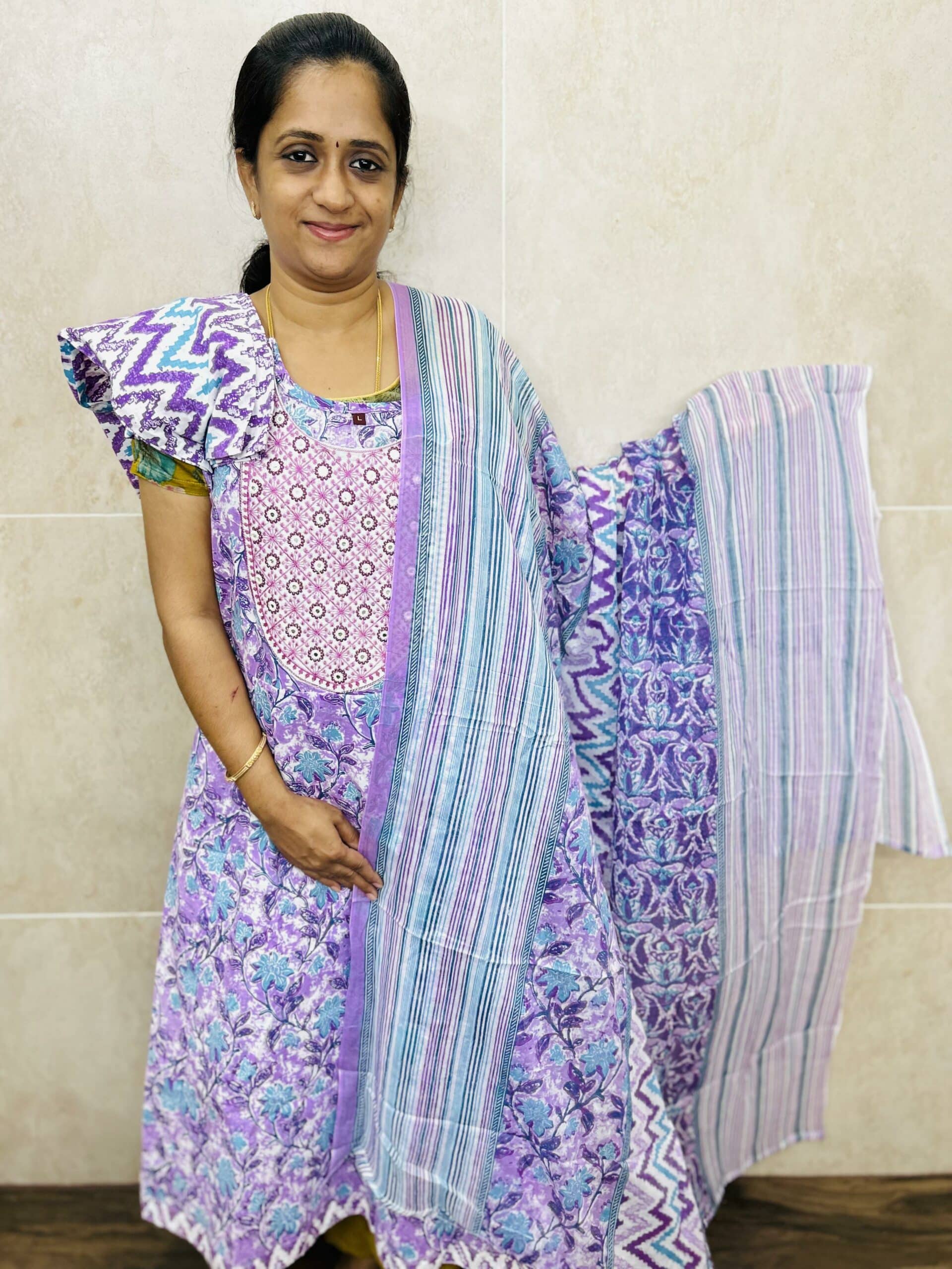 (Ready to wear) Printed cotton top with beautiful yoke paired with a printed cotton dupatta and printed cotton bottom