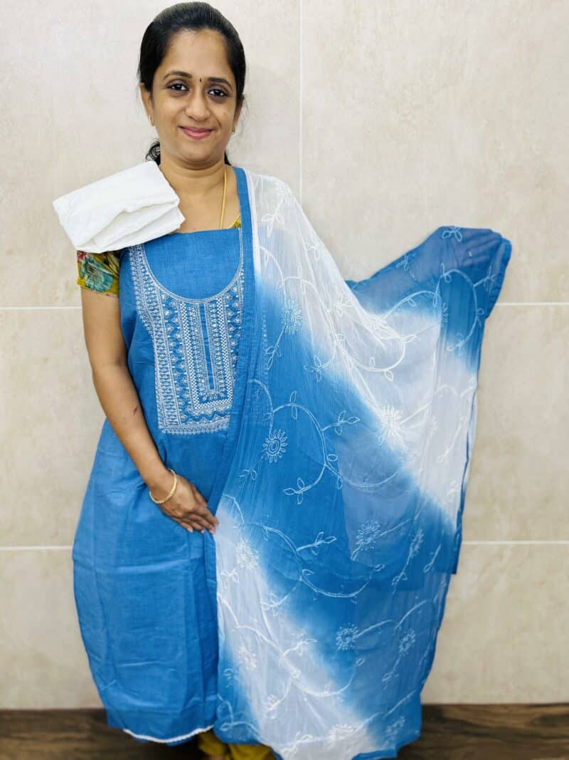 (Light Denim blue) Cotton top with embroidered yoke paired with a embroidered chiffon dupatta and acoba cotton bottom