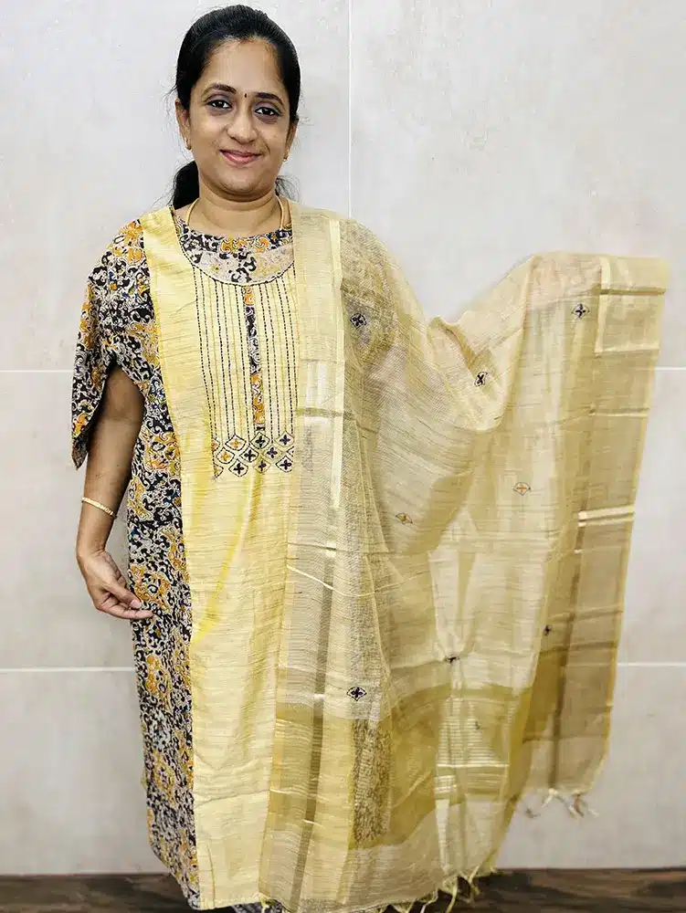 Ready to wear Premium semi Tusshar top (with lining) with Kalamkari panel work paired with a embroidered Kota silk dupatta