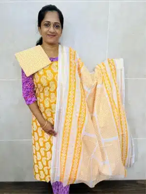 (Mango yellow) Printed cottton top paired with a printed cotton dupatta and cotton bottom