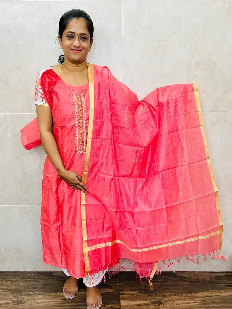 Soft Kota cotton top with embroidered yoke(with lining)paired with a Kota cotton dupatta