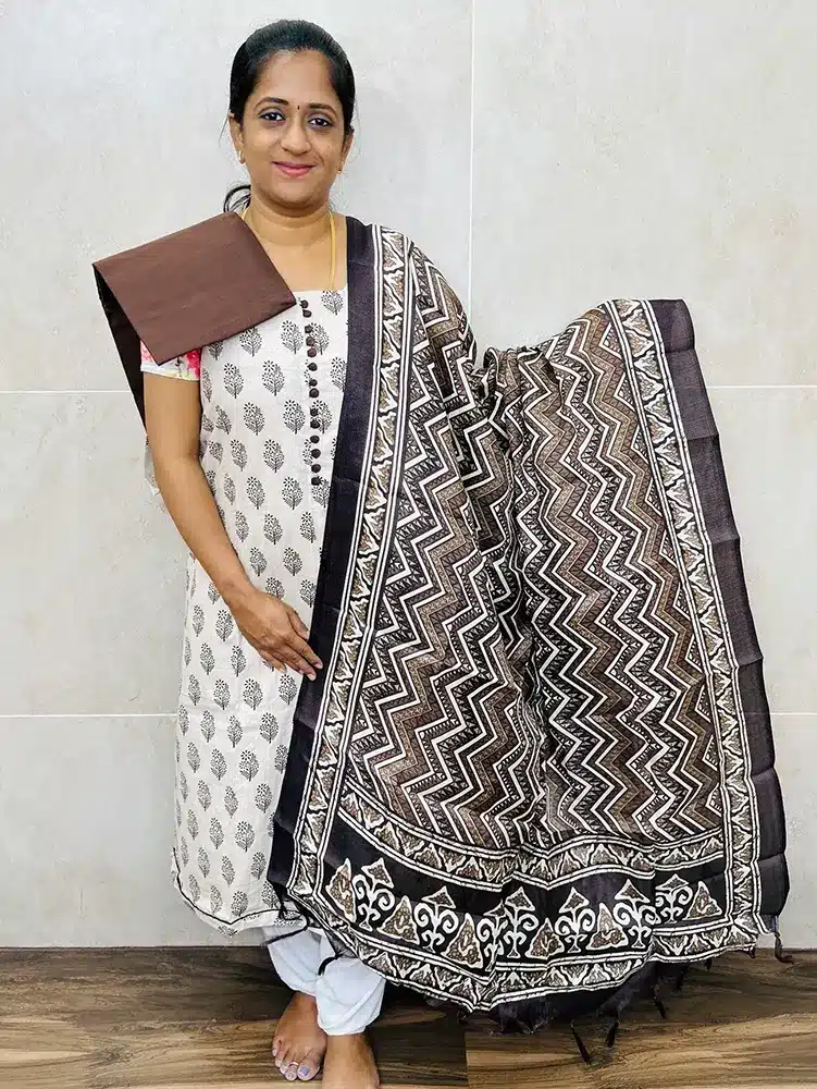 Printed cotton top paired with a Bhagalpur silk dupatta and cotton bottom