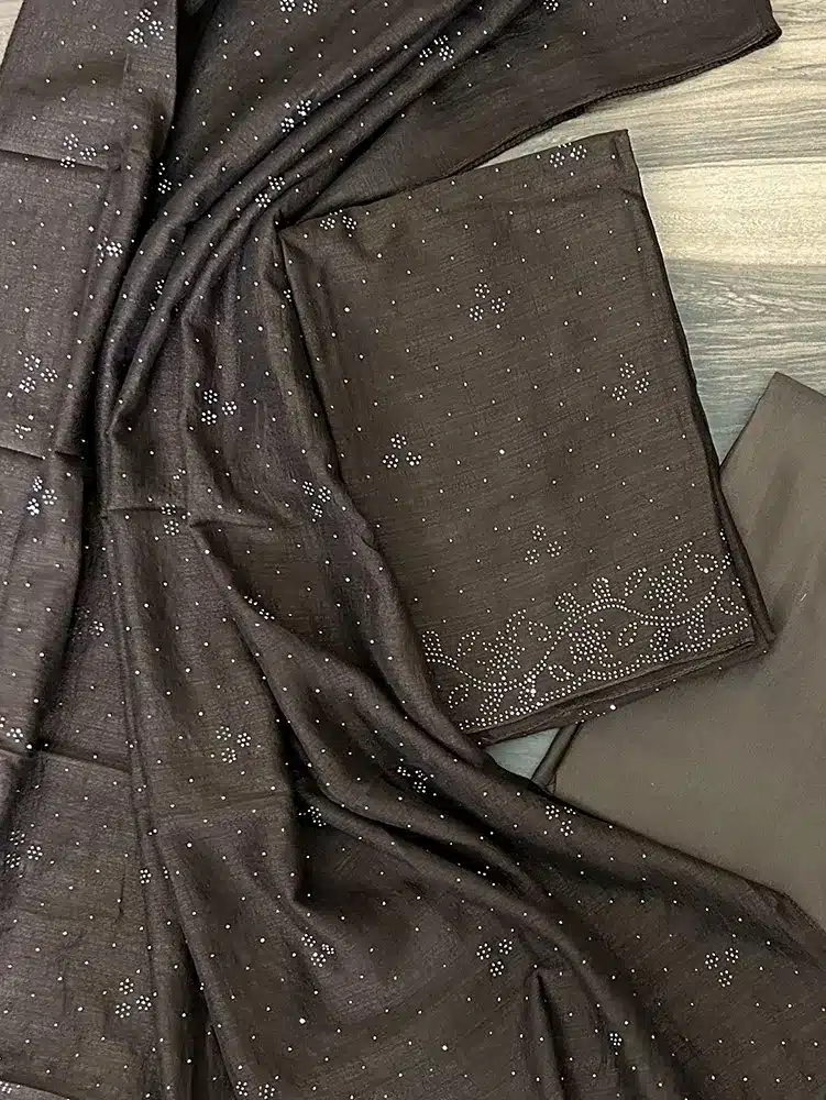(Chocolate Brown) Soft silk top with exclusive Stone work on yoke and Daman paired with stone worked soft silk dupatta and cotton silk bottom - Image 2