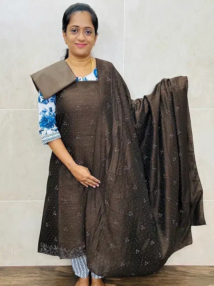 (Chocolate Brown) Soft silk top with exclusive Stone work on yoke and Daman paired with stone worked soft silk dupatta and cotton silk bottom