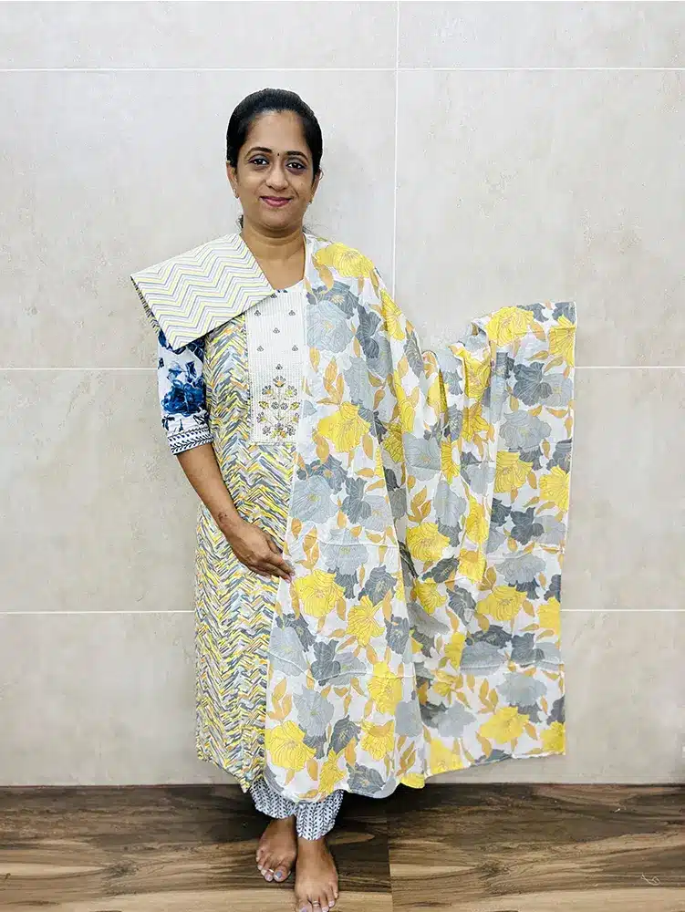 Printed cotton top paired with a printed cotton dupatta and printed cotton bottom