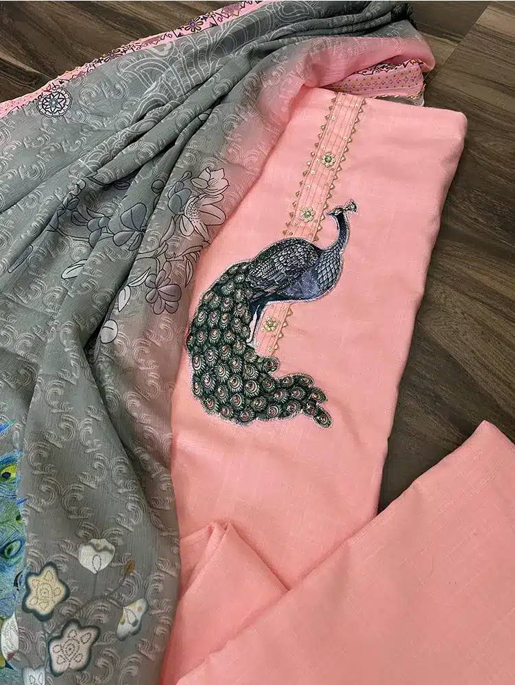 Soft cotton top with designer patch work on yoke paired with a printed pure chiffon dupatta and muslin cotton bottom - Image 3