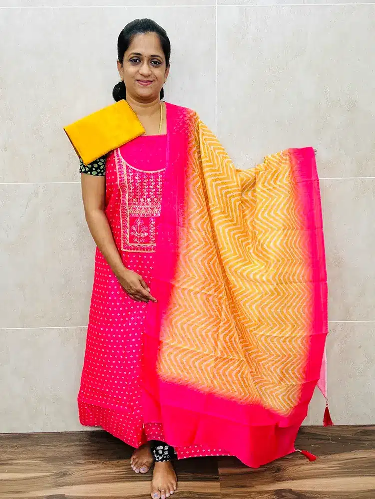 Printed chanderi silk top with embroidered yoke paired with chanderi silk dupatta and silk bottom