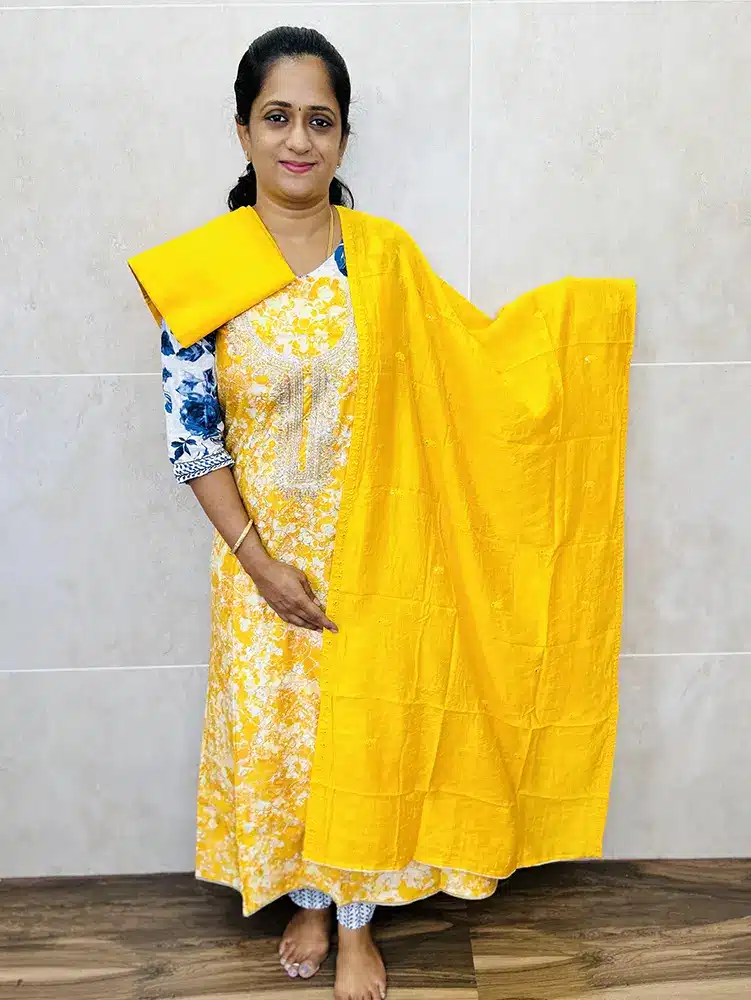 Printed premium modal silk top paired with a soft silk dupatta and muslin silk bottom