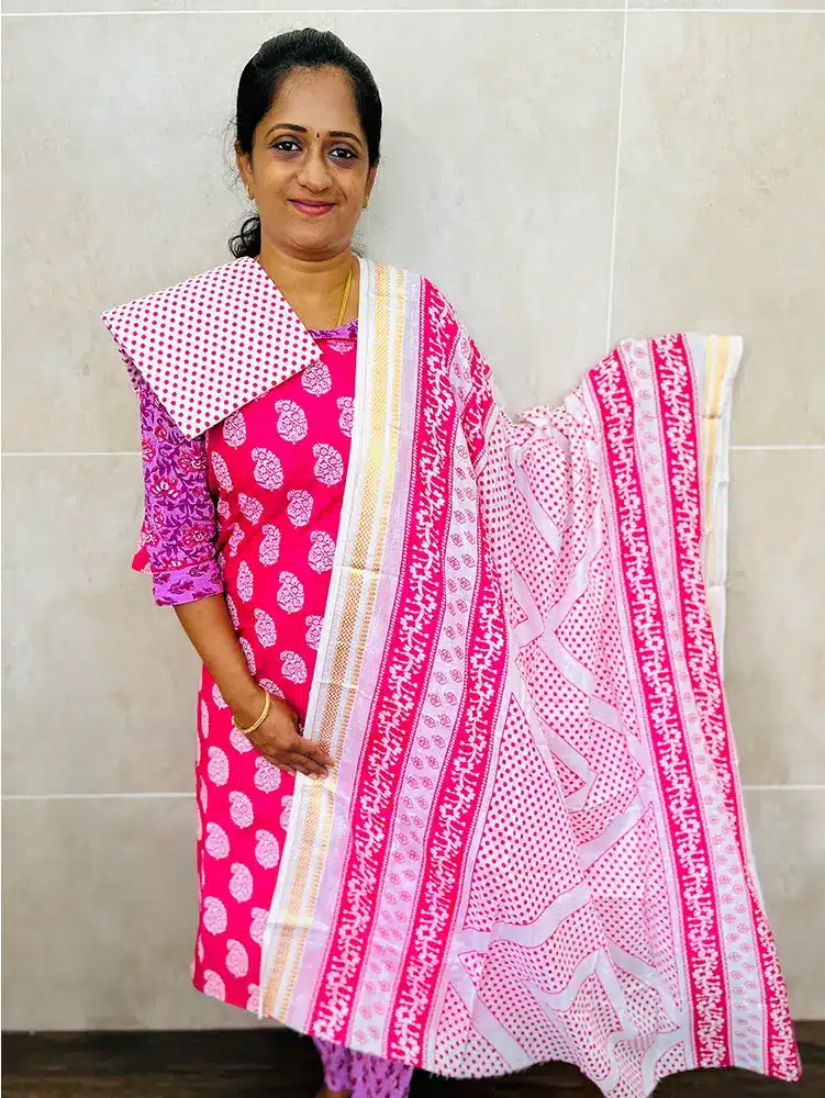 (Pink) Printed cottton top paired with a printed cotton dupatta and cotton bottom