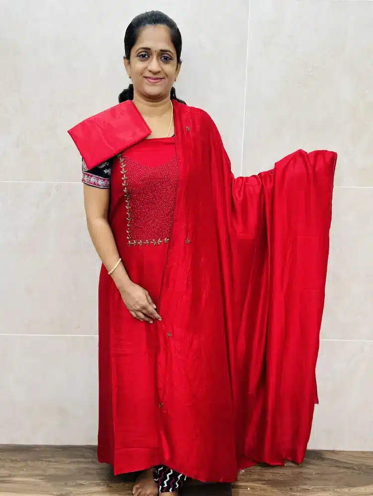 (Royal Red) Soft silk top with beautiful handwork on yoke paired with a embroidered soft silk dupatta and silk bottom
