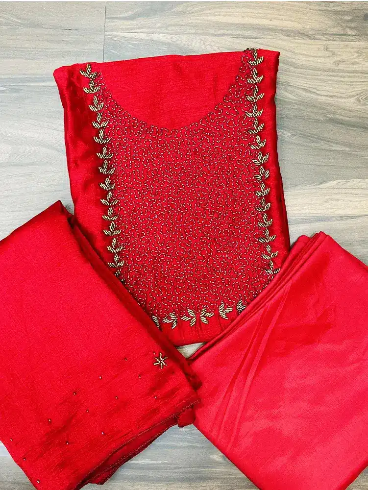 (Royal Red) Soft silk top with beautiful handwork on yoke paired with a embroidered soft silk dupatta and silk bottom - Image 2