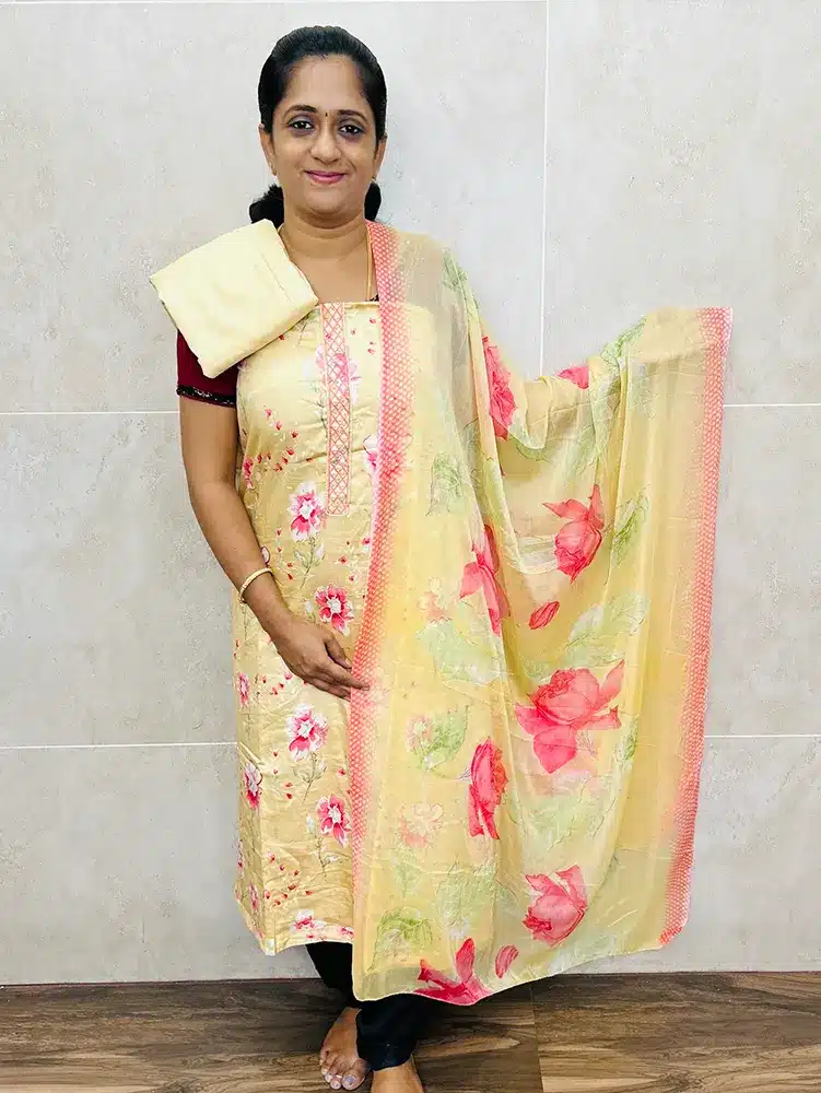 Printed soft cotton top paired with a printed premium chiffon dupatta and muslin cotton bottom