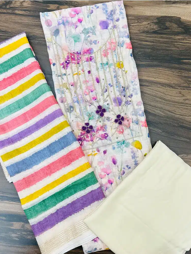 Printed linen cotton top with beautiful handwork on yoke paired with a printed linen cotton dupatta and muslin cotton bottom - Image 2