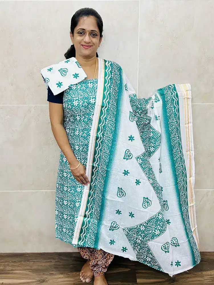 Batik printed cotton top paired with a printed cotton dupatta and cotton bottom