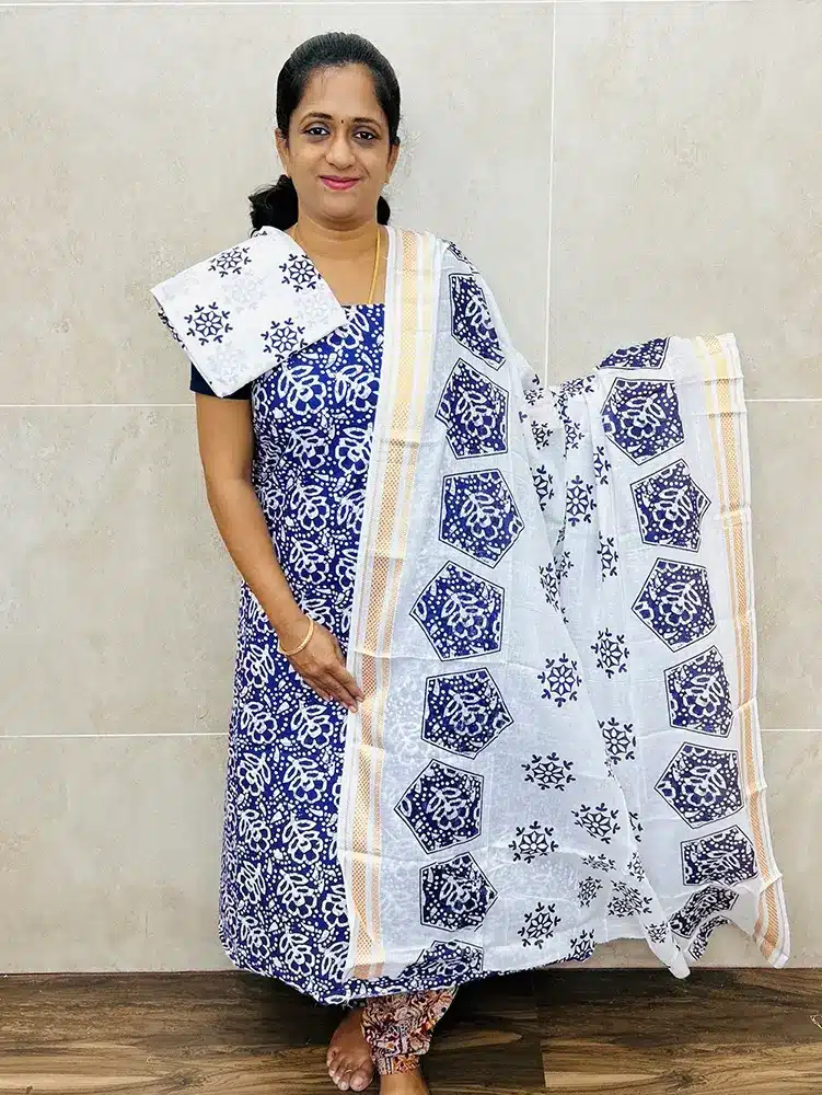 Batik printed cotton top paired with a printed cotton dupatta and cotton bottom