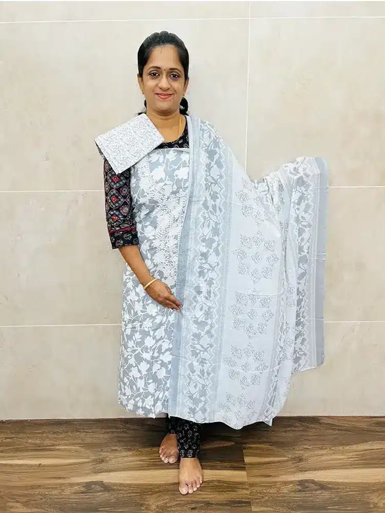 Printed cotton top with embroidered yoke paired with a soft cotton dupatta and cotton bottom