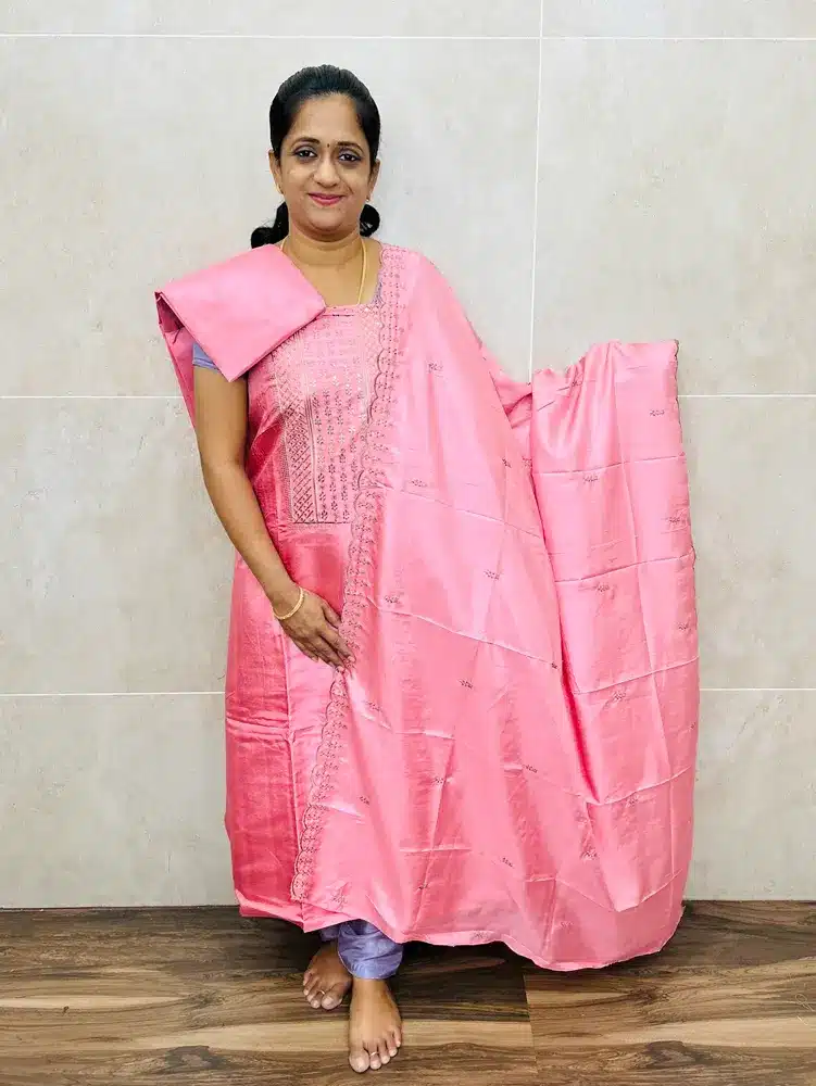 (Peachish Pink)Premium soft silk top with embroidered yoke paired with a soft silk dupatta and silk bottom