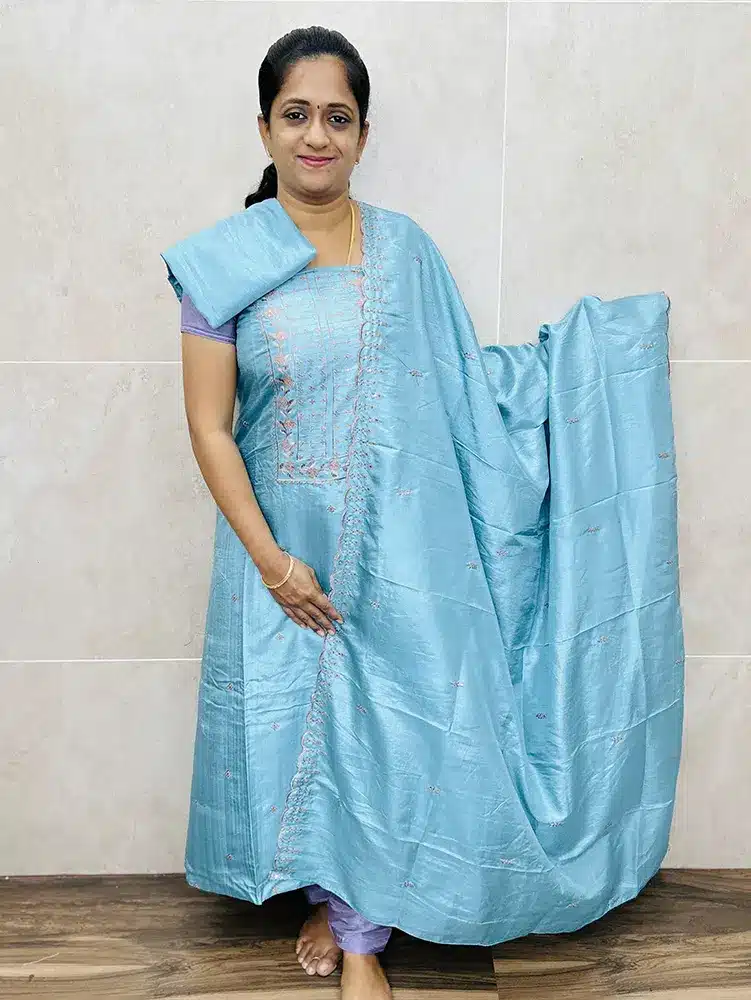 (Sea Blue)Premium soft silk top with embroidered yoke paired with a soft silk dupatta and silk bottom