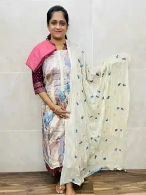 Digital printed muslin silk top paired with a embroidered Georgette dupatta and muslin silk bottom