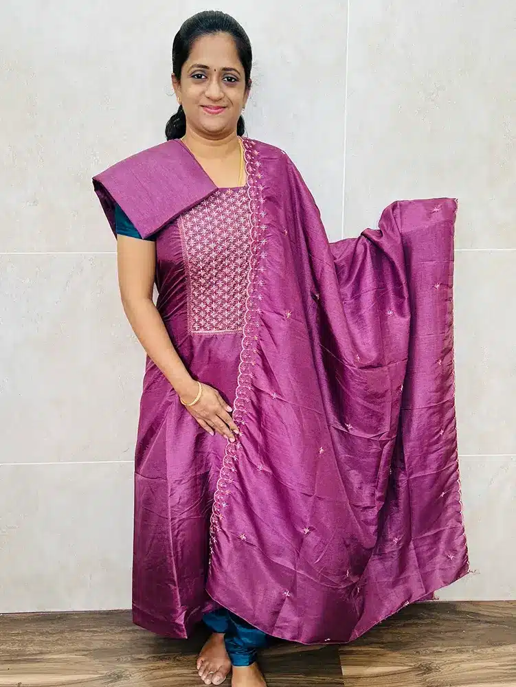 (Dusky purple) Premium soft silk top with embroidered yoke paired with a soft silk dupatta and silk bottom