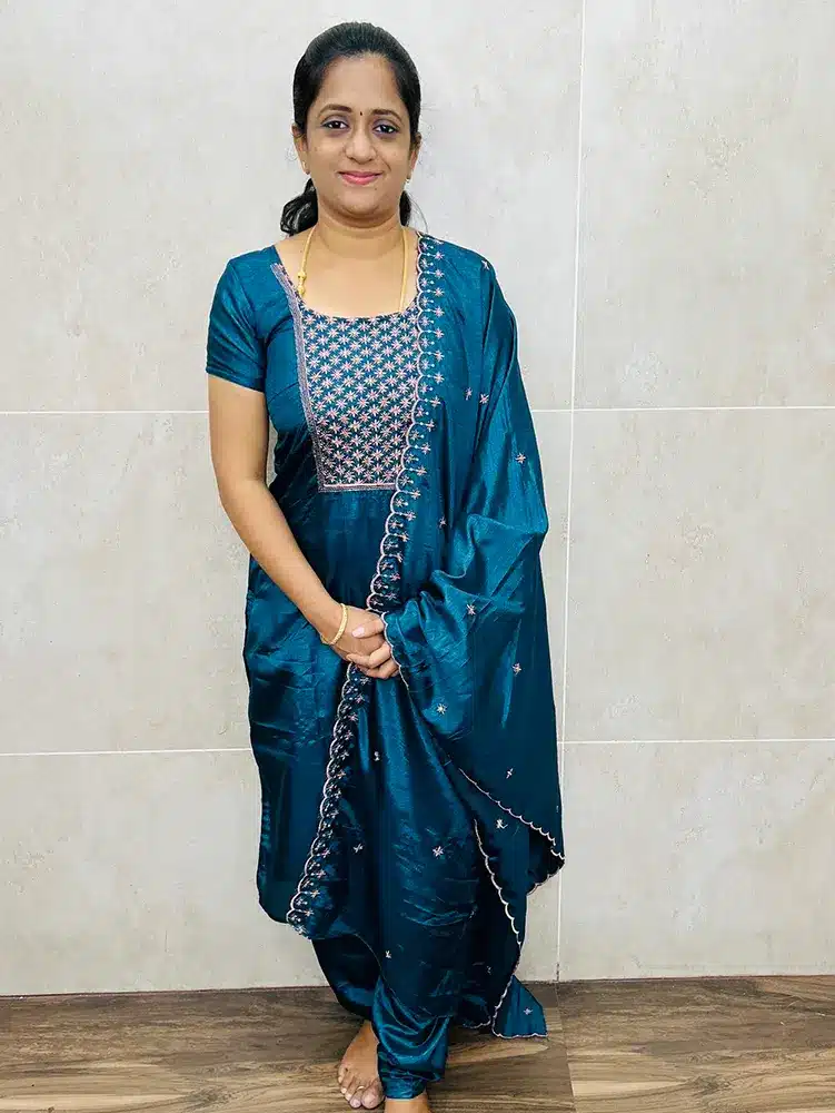 (Peacock blue) Premium soft silk top with embroidered yoke paired with a soft silk dupatta and silk bottom