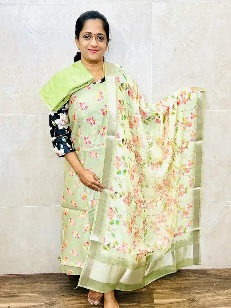 Digital printed pure organza top paired with  3d pure organza dupatta and muslin silk bottom