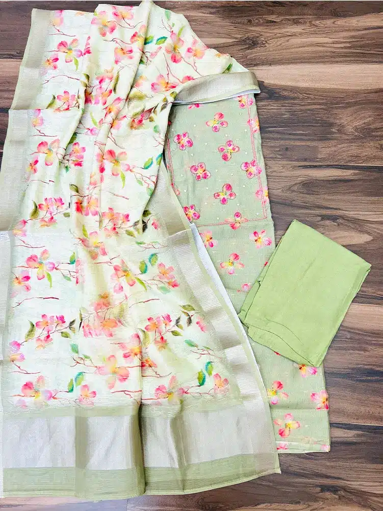 Digital printed pure organza top paired with  3d pure organza dupatta and muslin silk bottom - Image 2