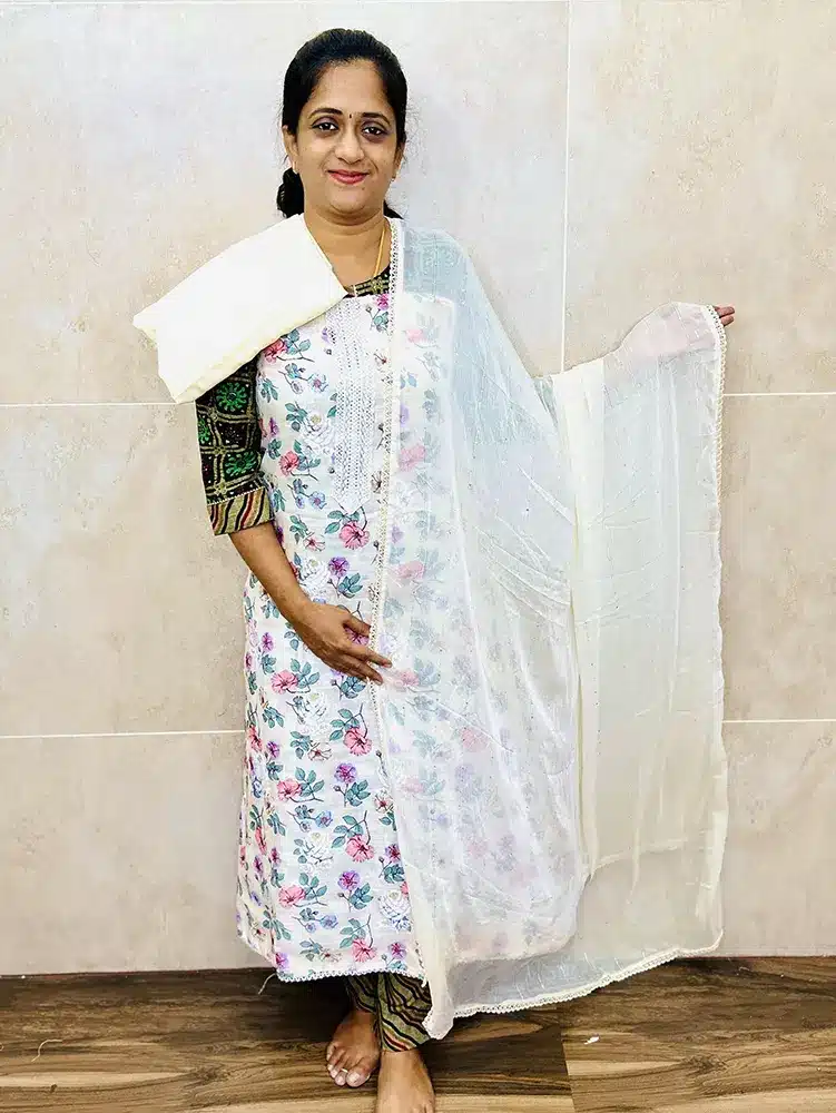 (Lemon yellow) Digital printed linen cotton top paired with a chiffon dupatta and muslin silk bottom