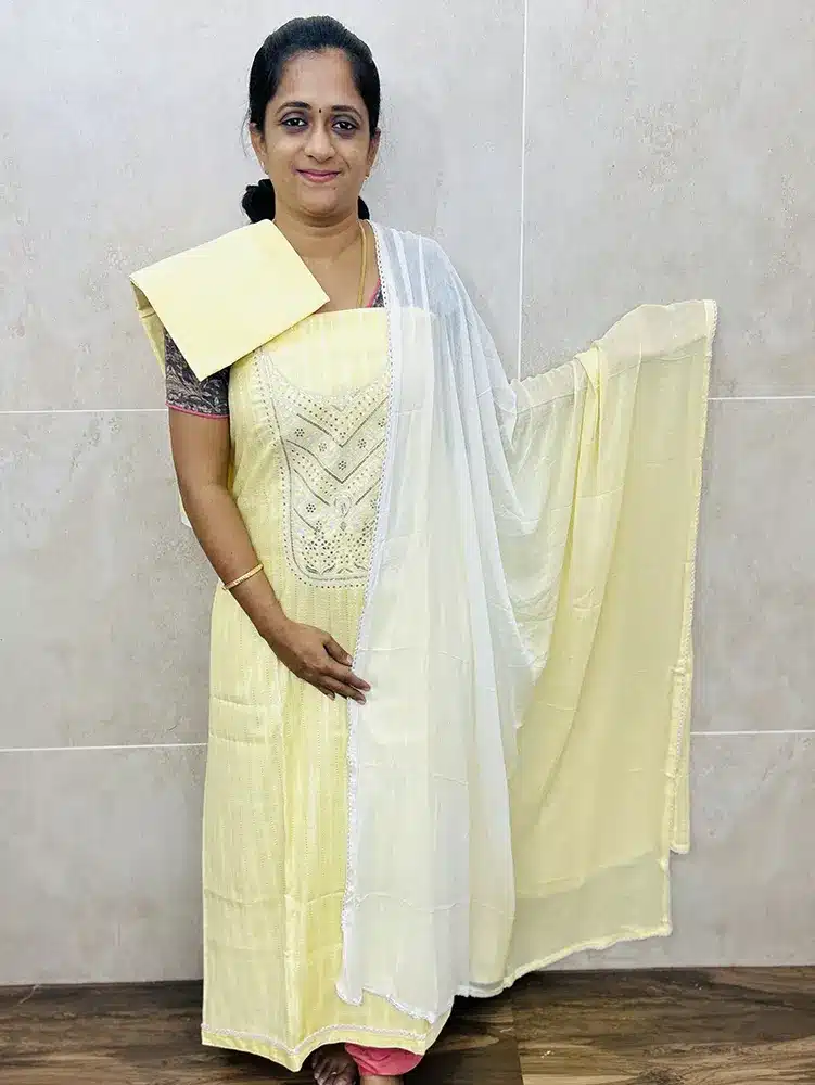 (Light Yellow) Premium handloom cotton top with embroidered yoke paired with chiffon dupatta and cotton bottom