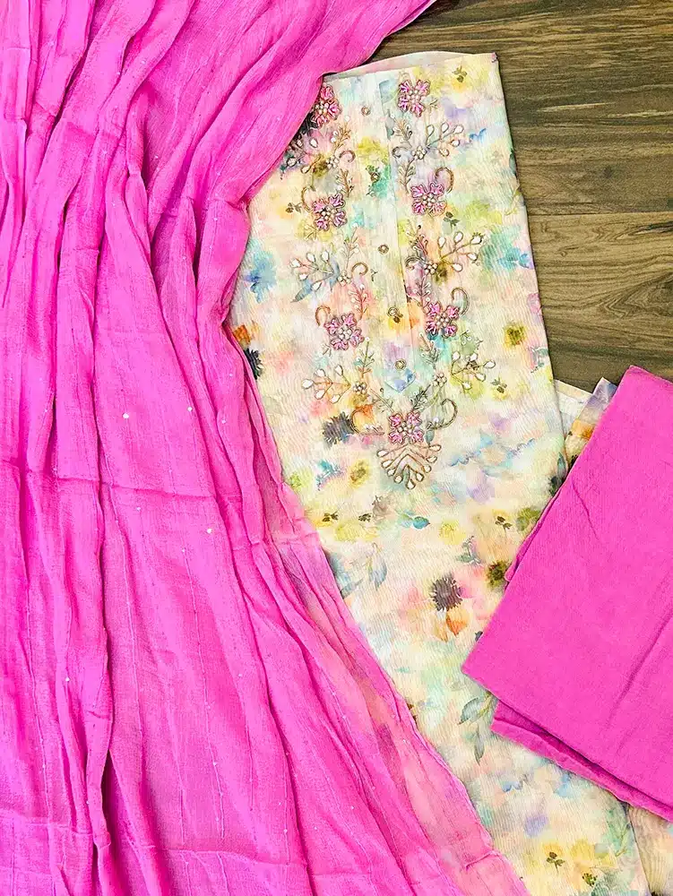 Digital printed Organza top with chiffon dupatta and soft silk bottom - Image 2