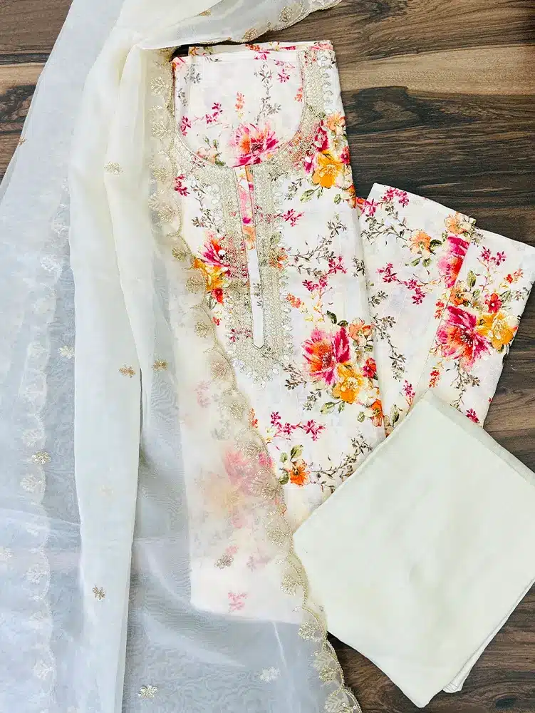 Premium linen cotton top with embroidered yoke paired with chiffon dupatta and soft silk bottom - Image 2