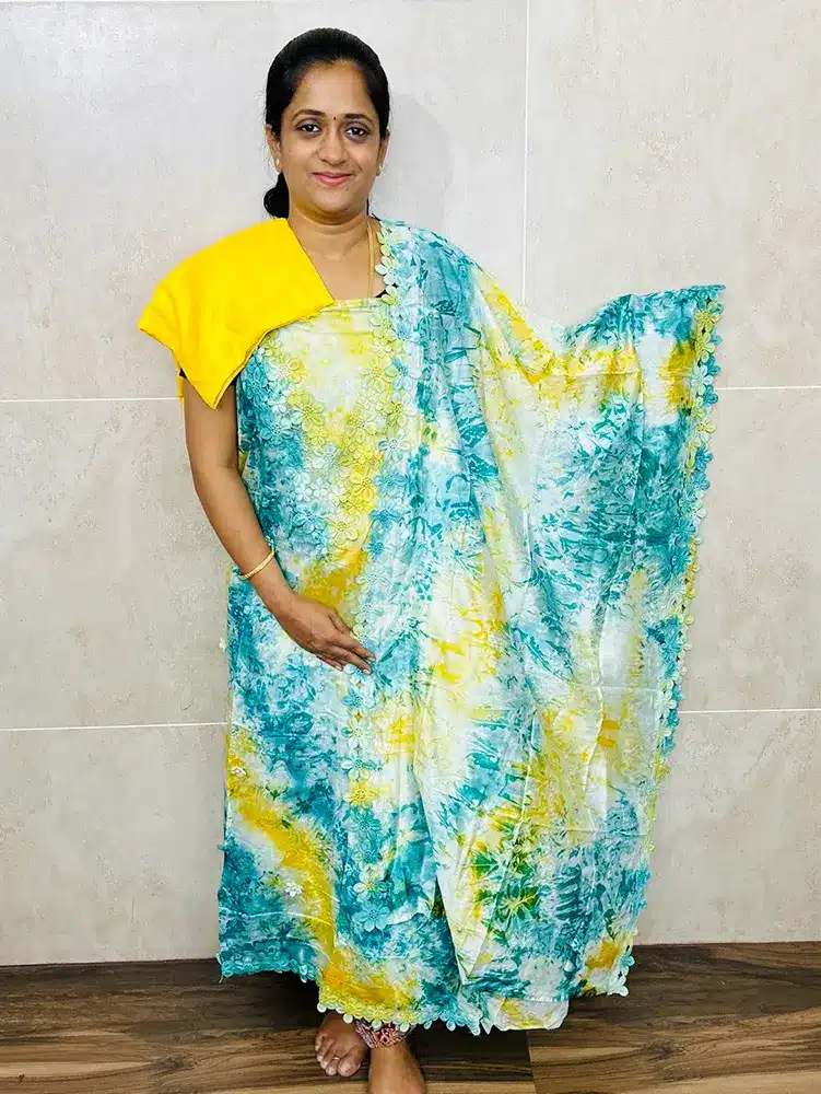 Exclusive Chanderi silk top with crochet lace work paired with a crochet lace worked soft Chanderi silk dupatta and silk bottom