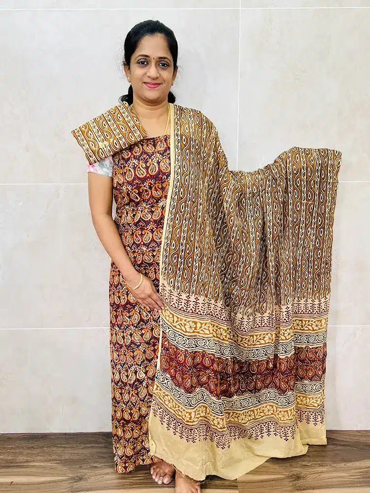 Natural dyed handblock printed cotton top with printed cotton dupatta and cotton bottom