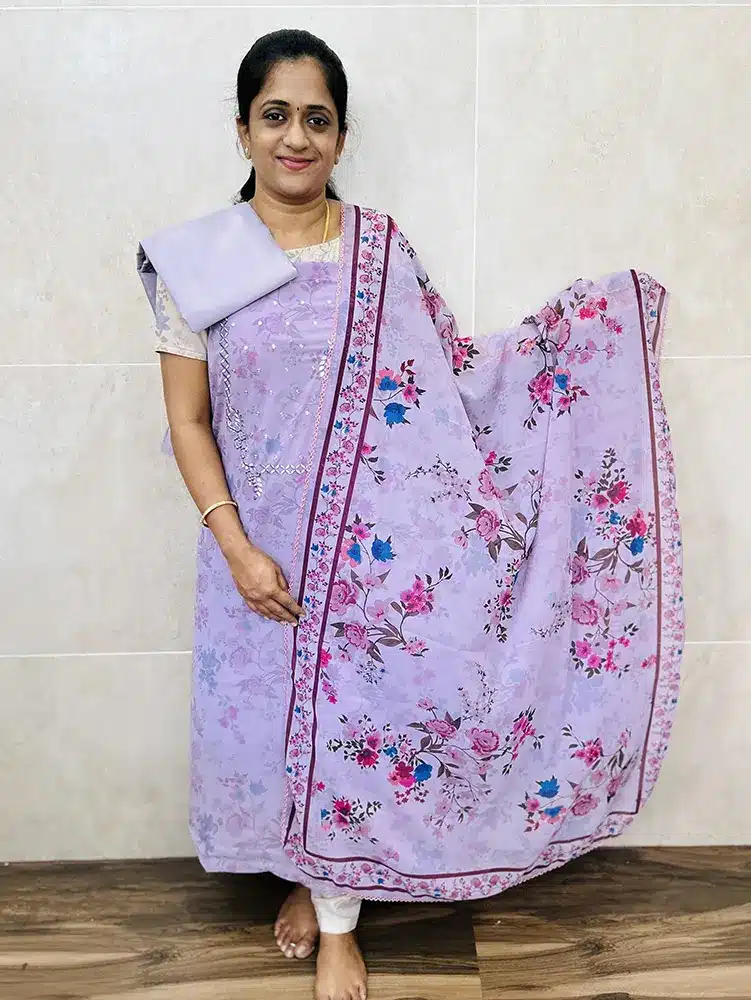 Printed Georgette top paired with printed Georgette dupatta and silk bottom