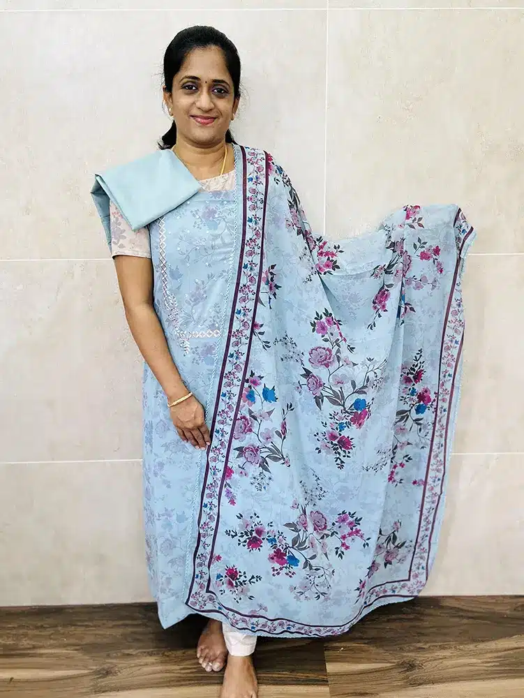 Printed Georgette top paired with printed Georgette dupatta and silk bottom