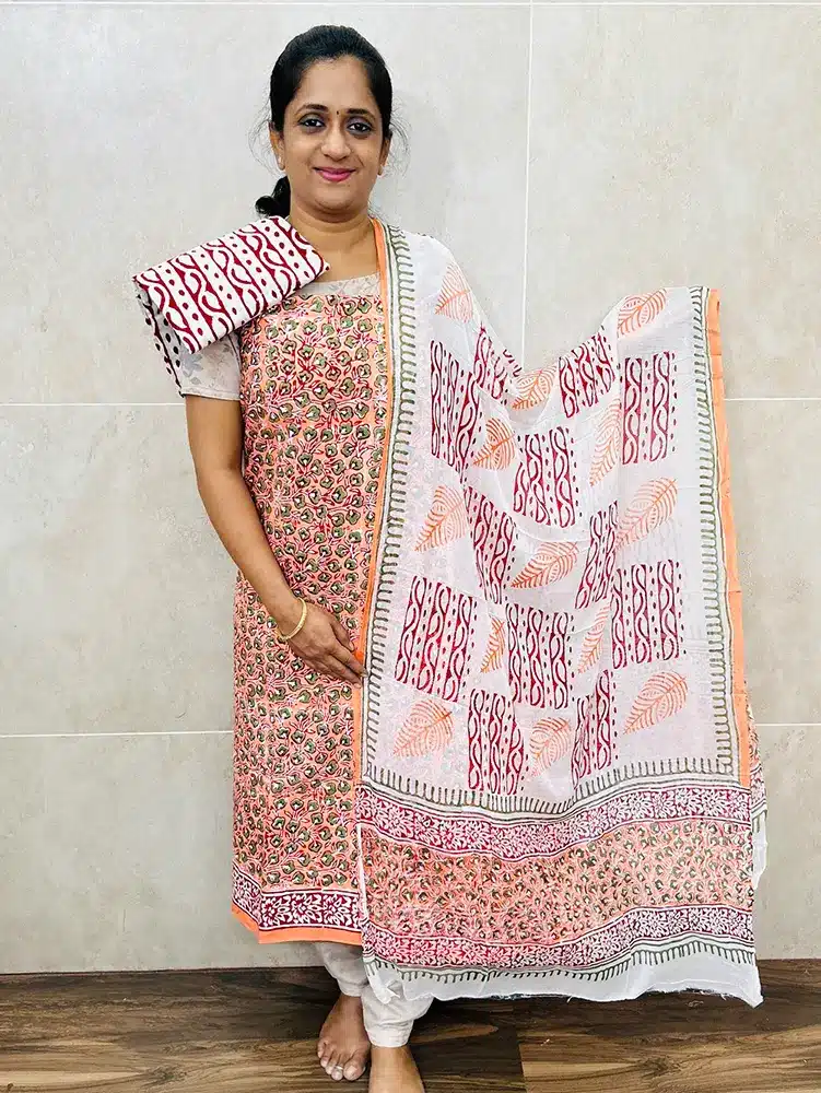 Printed cotton top with chiffon dupatta and cotton bottom