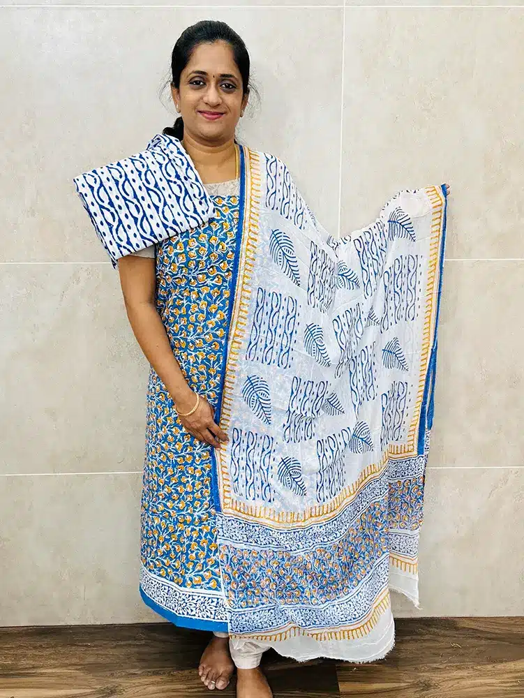 Printed cotton top with chiffon dupatta and cotton bottom